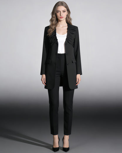 Black Blazer with Ruffled V-Neck