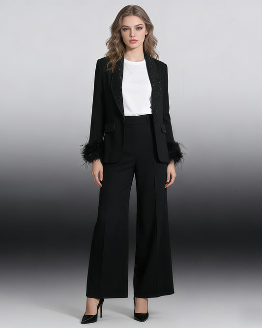 Black Blazer with Sequin Trim & Feather Cuffs