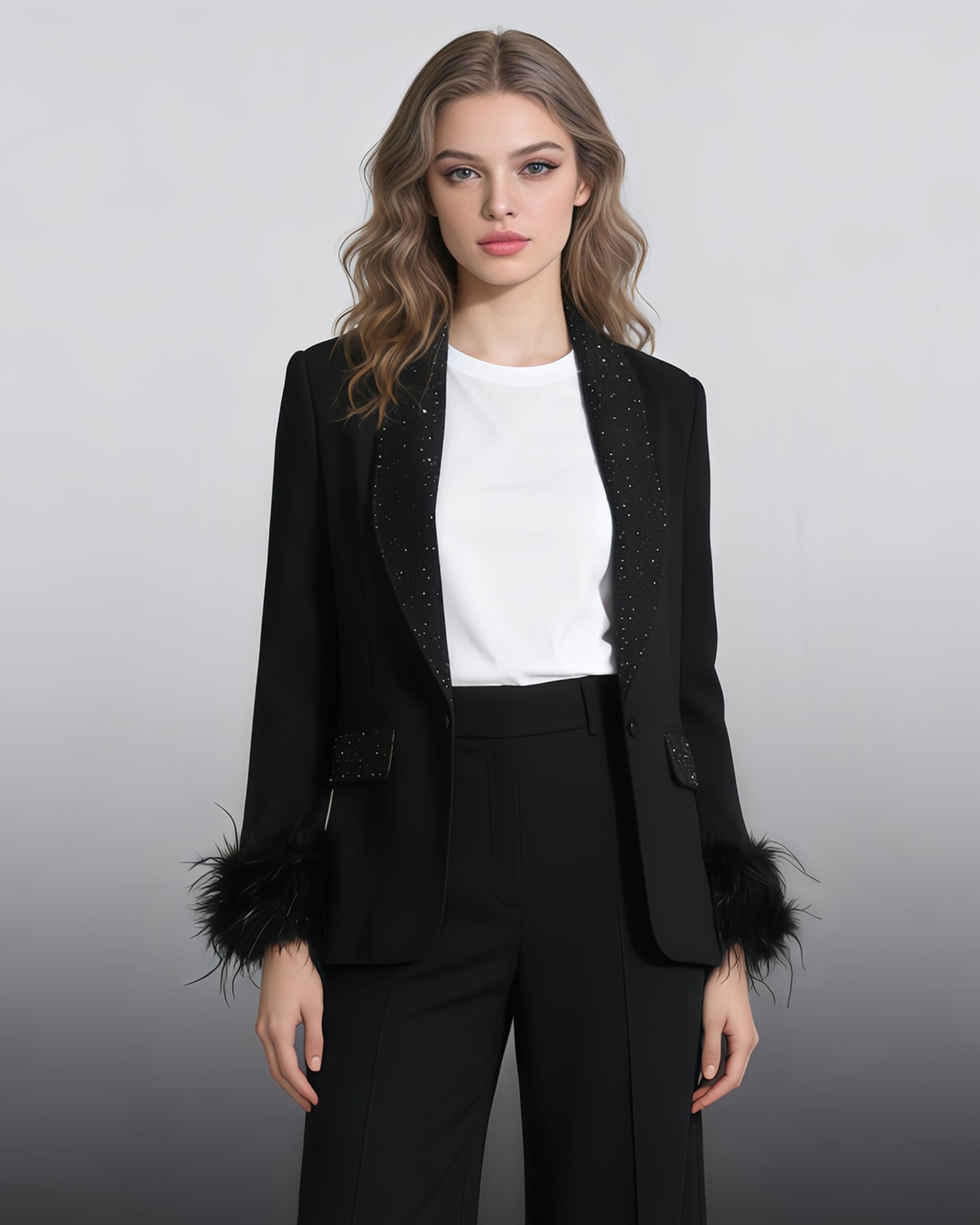 Black Blazer with Sequin Trim & Feather Cuffs