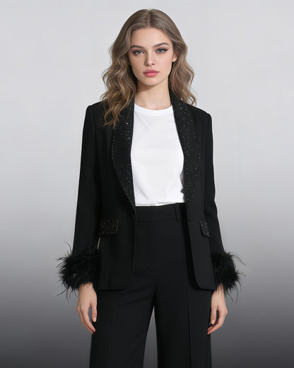 Black Blazer with Sequin Trim & Feather Cuffs
