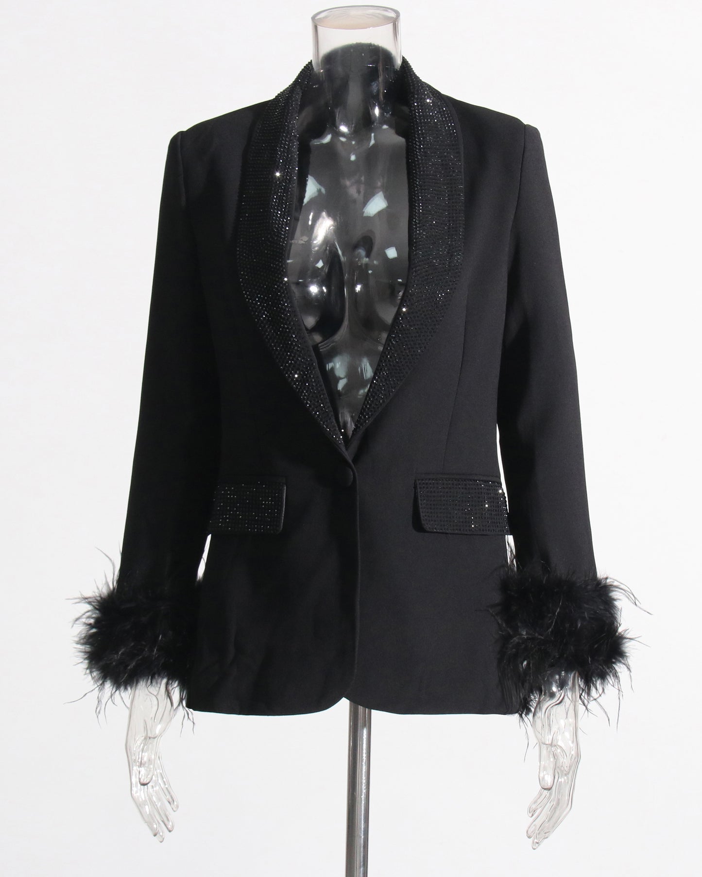 Black Blazer with Sequin Trim & Feather Cuffs