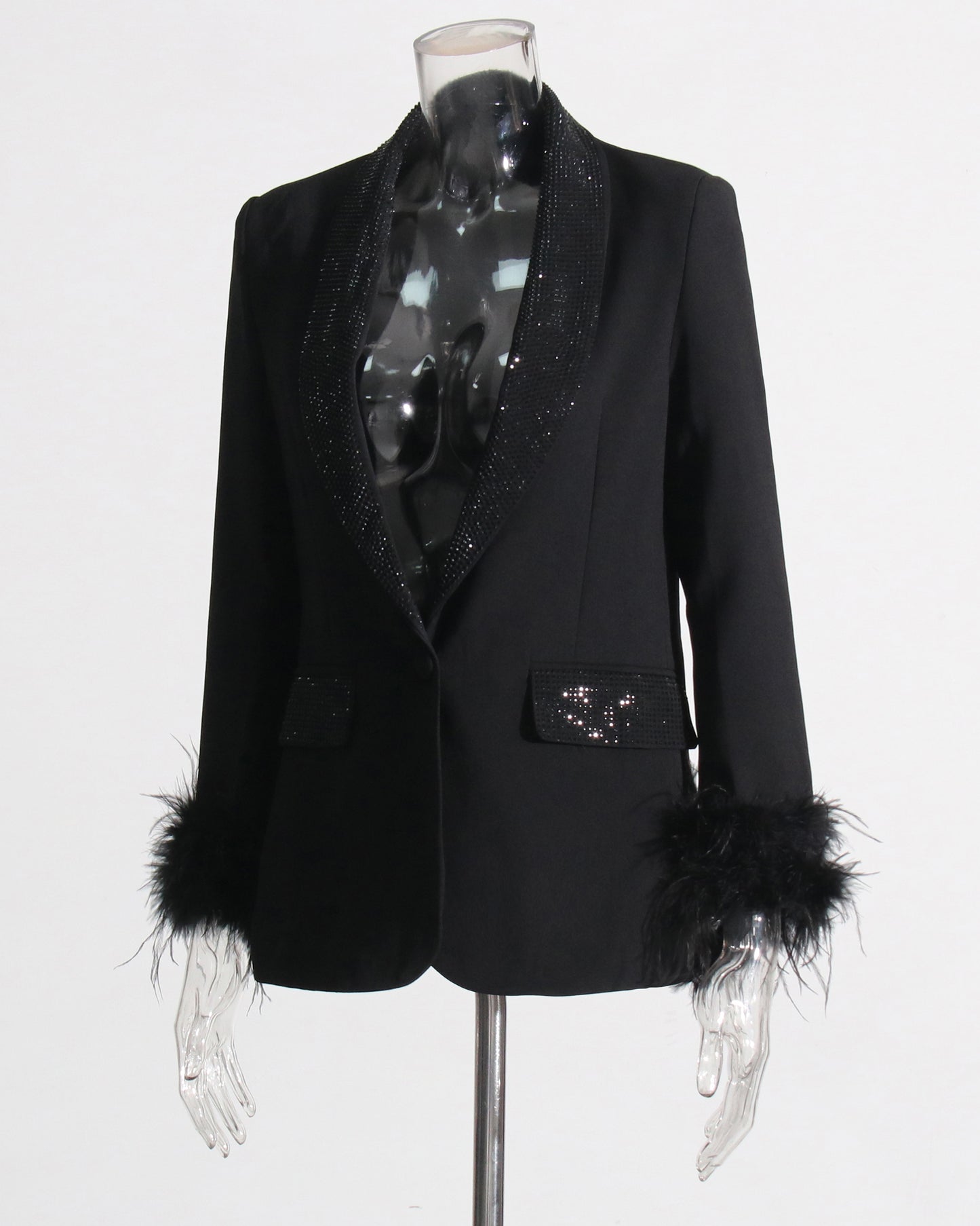 Black Blazer with Sequin Trim & Feather Cuffs