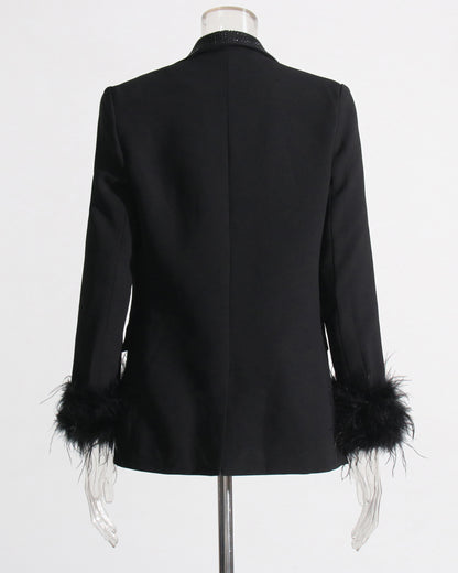 Black Blazer with Sequin Trim & Feather Cuffs