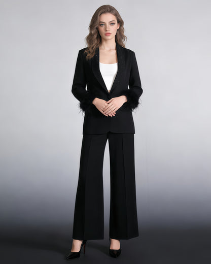 Black Blazer with Sequin Trim & Feather Cuffs