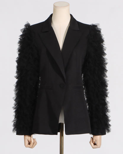 Black Blazer with Tulle Ruffled Sleeves