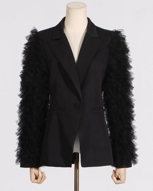 Black Blazer with Tulle Ruffled Sleeves