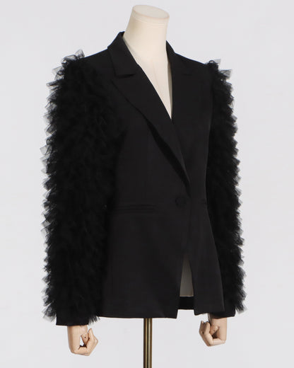 Black Blazer with Tulle Ruffled Sleeves