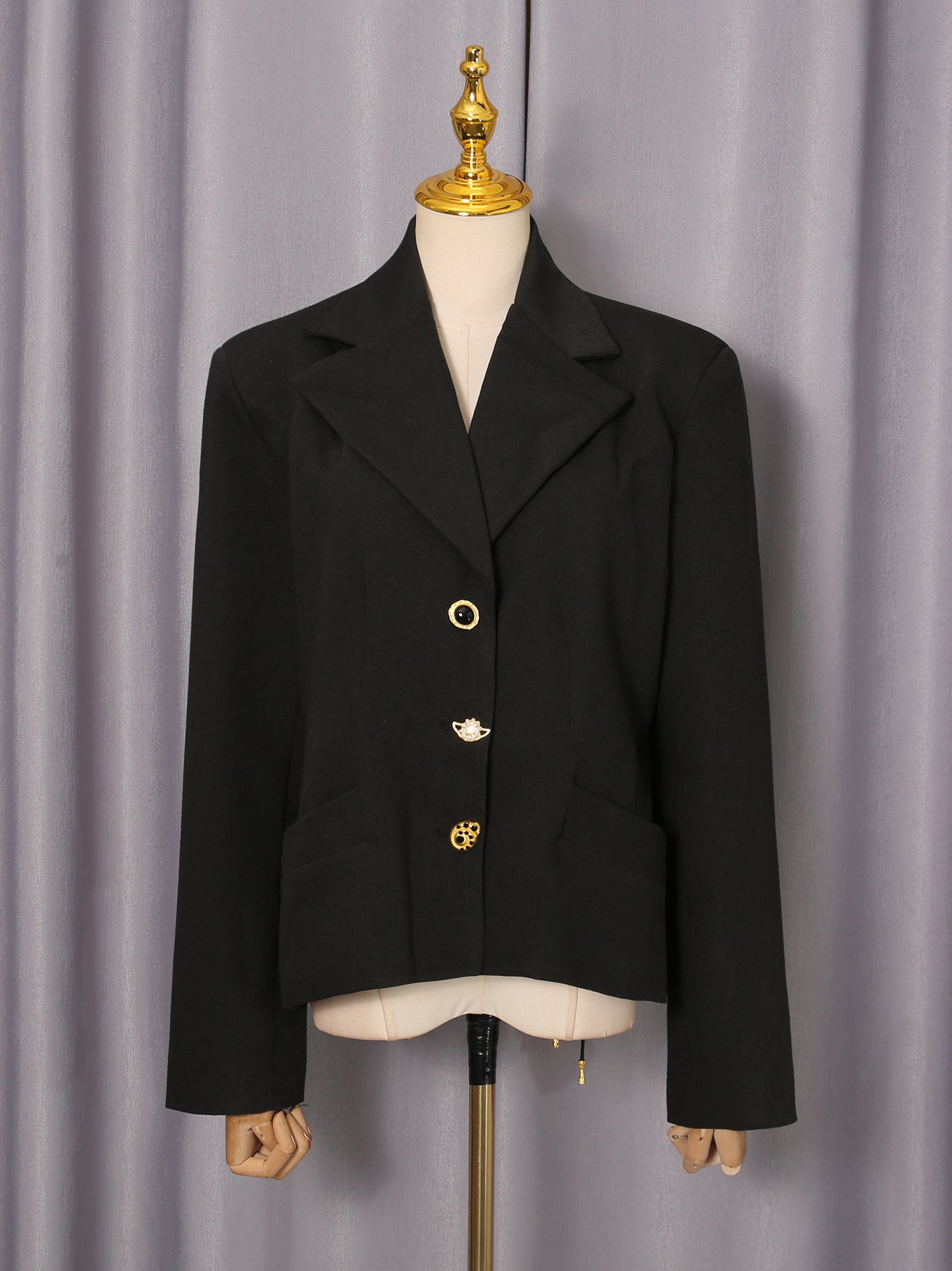 Black Blazer with Unique Gold Button Detailing