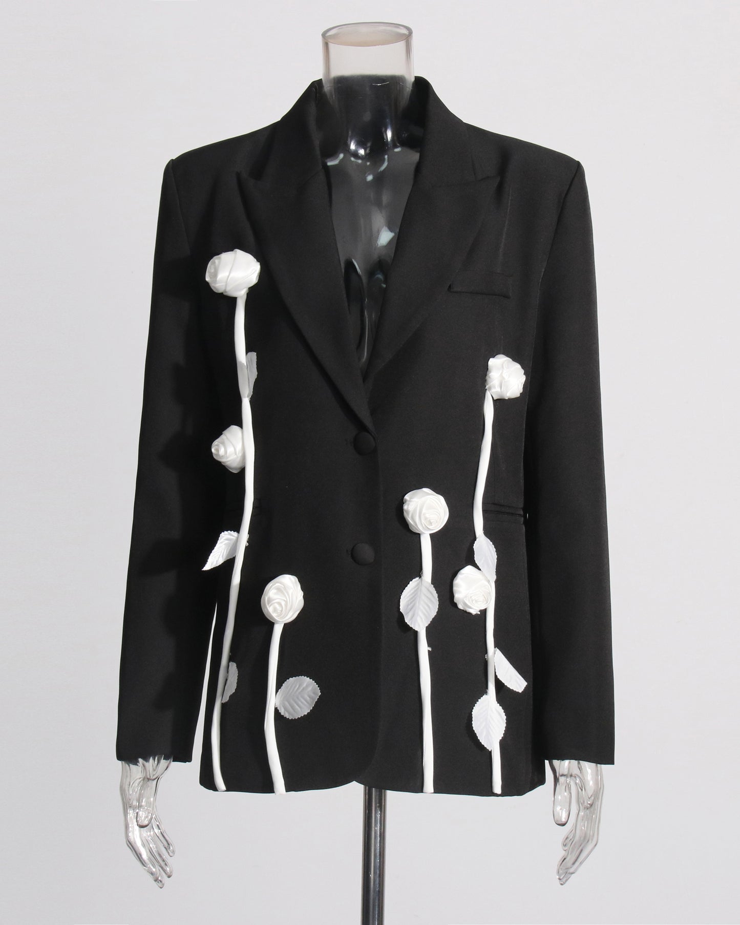 Black Blazer with White 3D Floral Appliqués