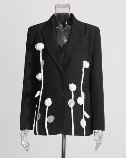 Black Blazer with White 3D Floral Appliqués