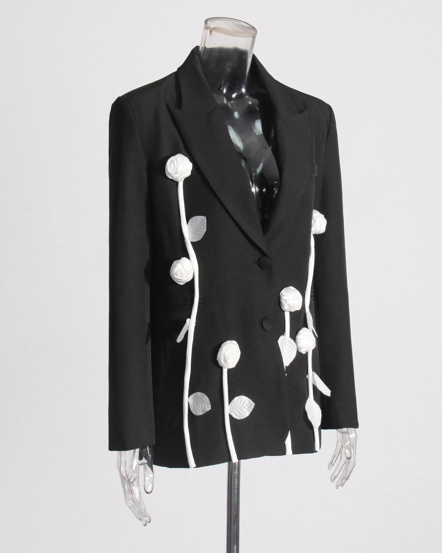 Black Blazer with White 3D Floral Appliqués
