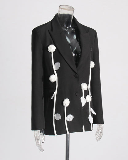 Black Blazer with White 3D Floral Appliqués