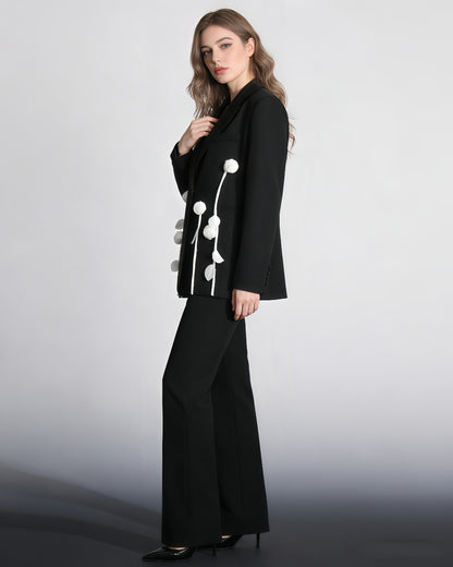 Black Blazer with White 3D Floral Appliqués