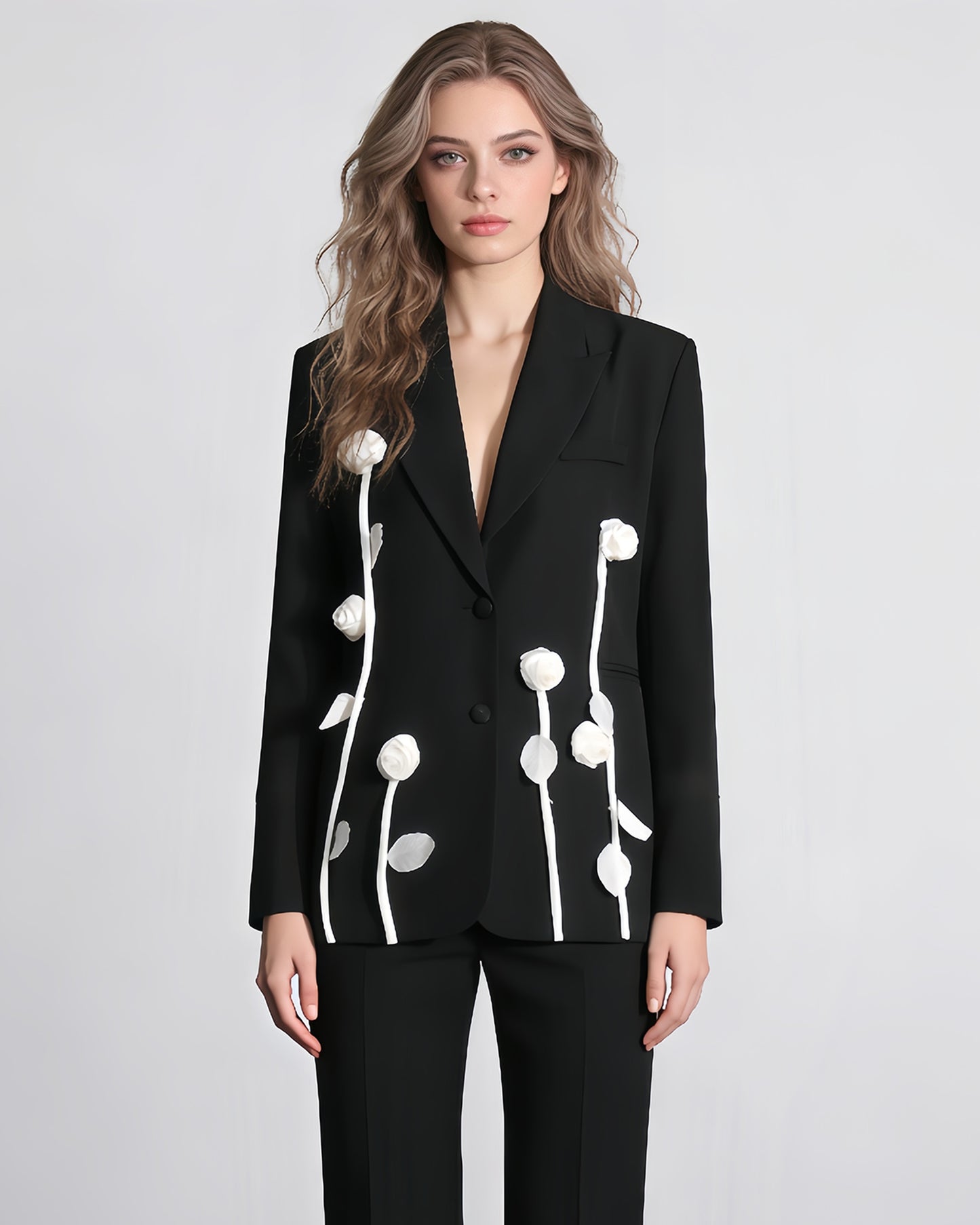 Black Blazer with White 3D Floral Appliqués