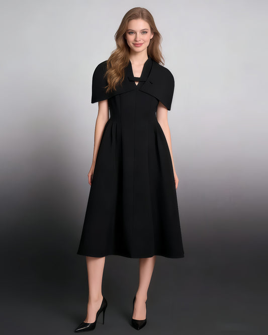 Black Cape-Style Fitted Flare Midi Dress