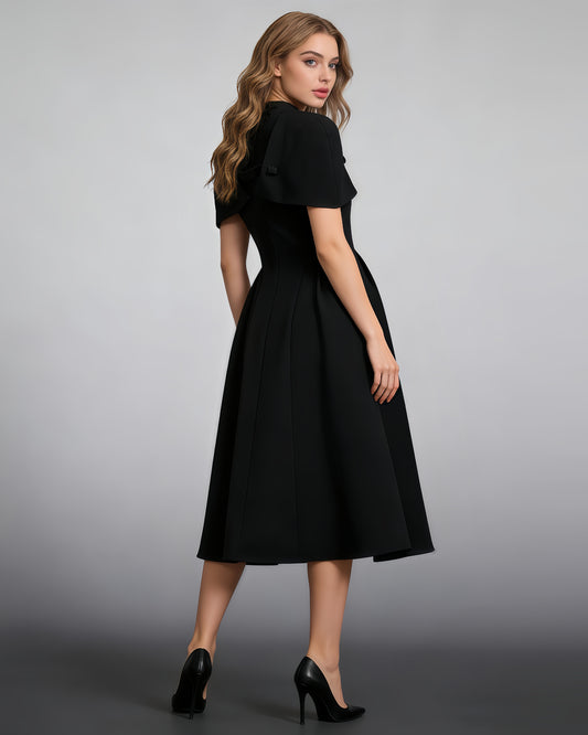 Black Cape-Style Fitted Flare Midi Dress