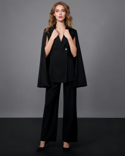 Black Cape Sleeve Blazer Jacket with Crystal Button