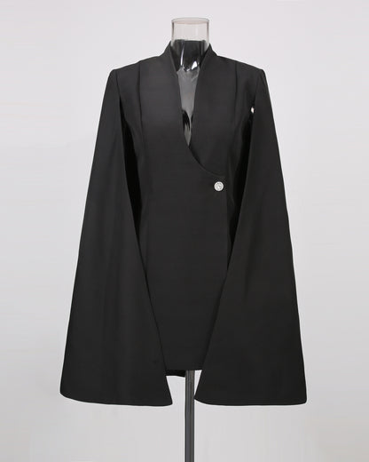 Black Cape Sleeve Blazer Jacket with Crystal Button