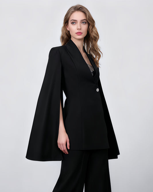 Black Cape Sleeve Blazer Jacket with Crystal Button