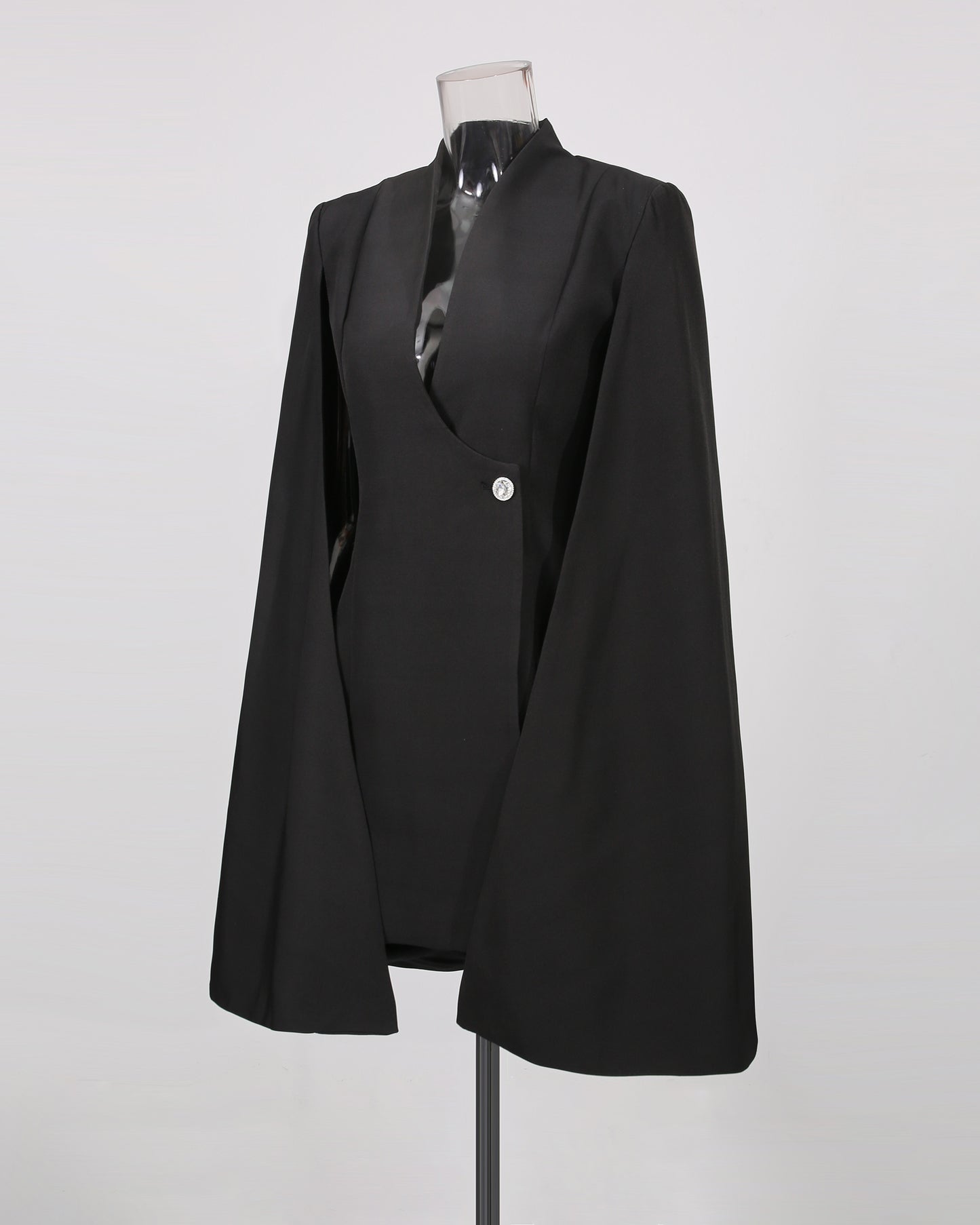 Black Cape Sleeve Blazer Jacket with Crystal Button
