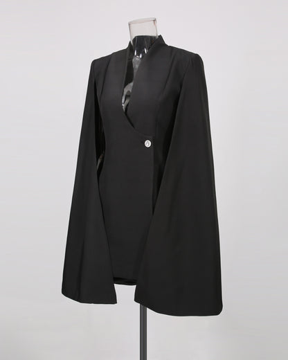 Black Cape Sleeve Blazer Jacket with Crystal Button