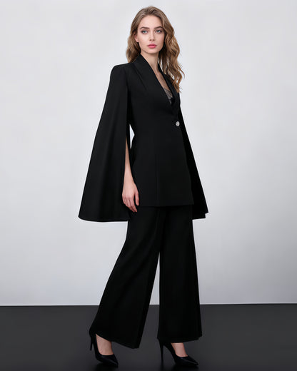 Black Cape Sleeve Blazer Jacket with Crystal Button