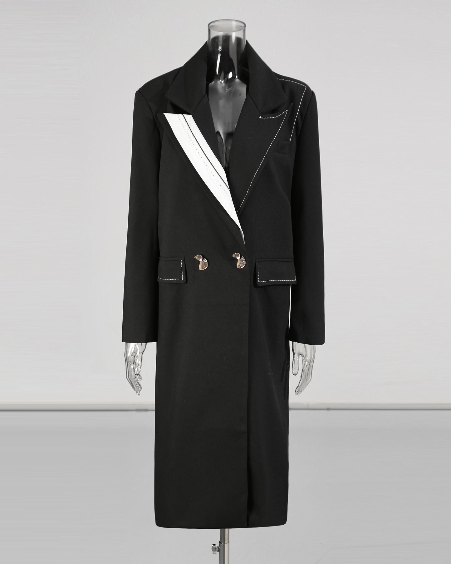 Black Coat with Contrast Stitching & Asymmetrical