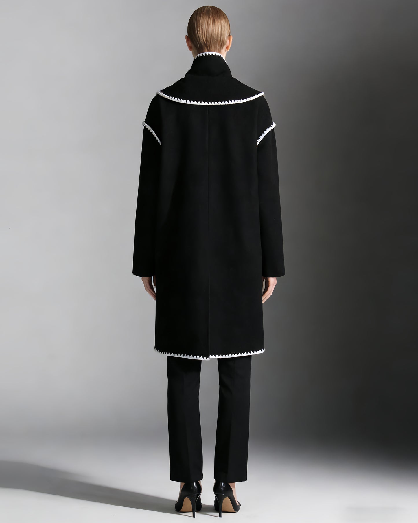 Black Coat with White Scallop Trim