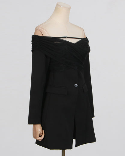 Black Cold-Shoulder Tulle Overlay Jacket