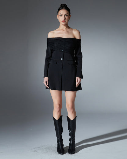 Black Cold-Shoulder Tulle Overlay Jacket