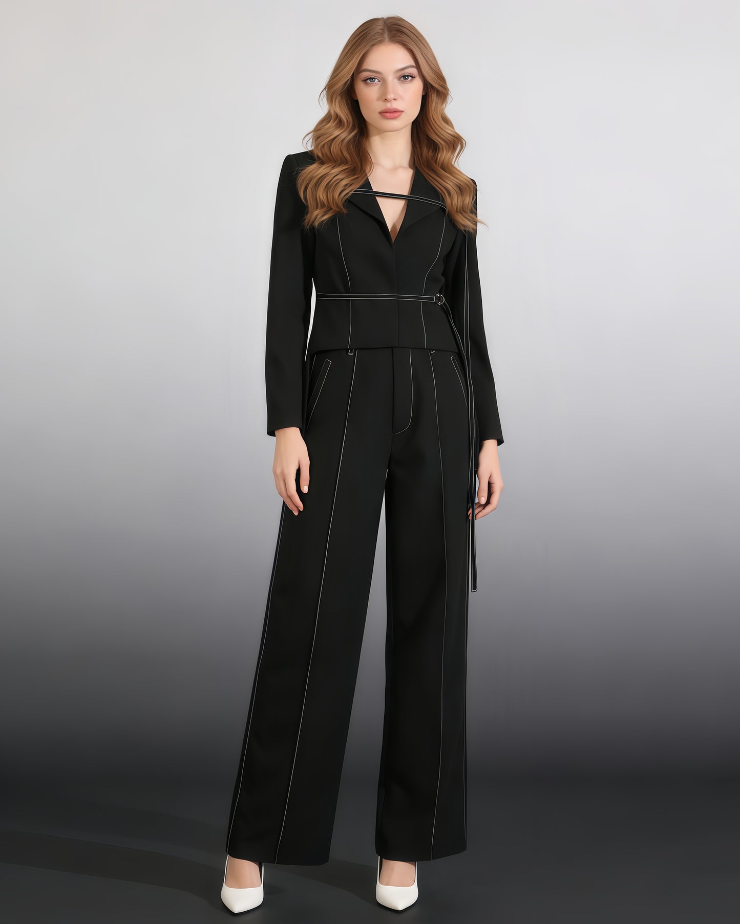 Black Contrast-Stitch Buckle Two-Piece Set