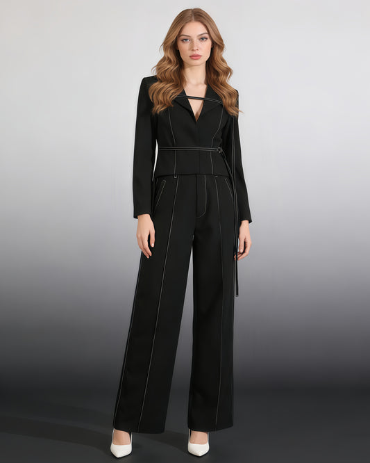 Black Contrast-Stitch Buckle Two-Piece Set