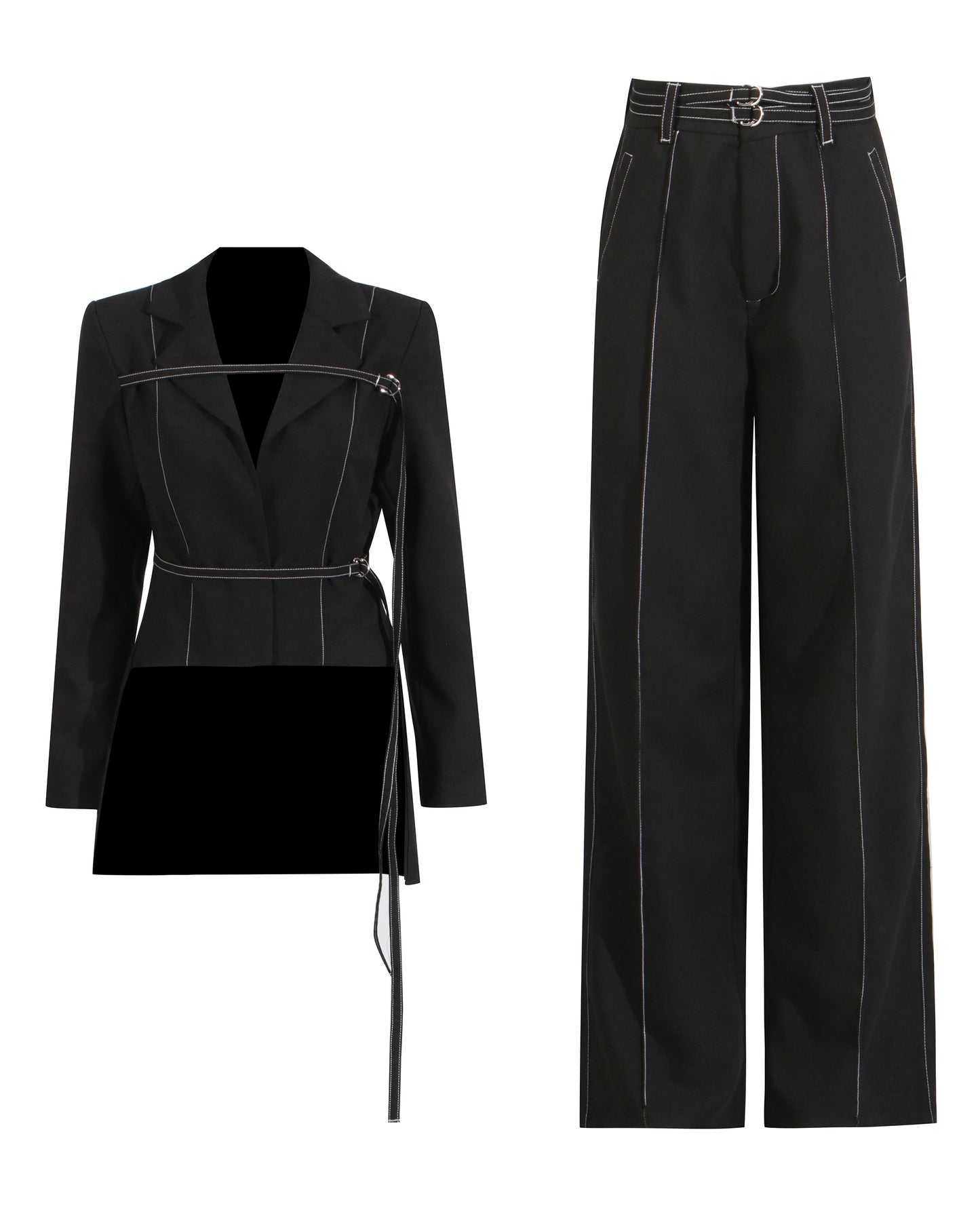 Black Contrast-Stitch Buckle Two-Piece Set