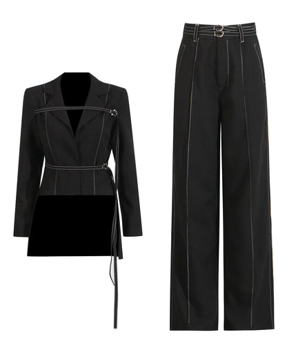 Black Contrast-Stitch Buckle Two-Piece Set