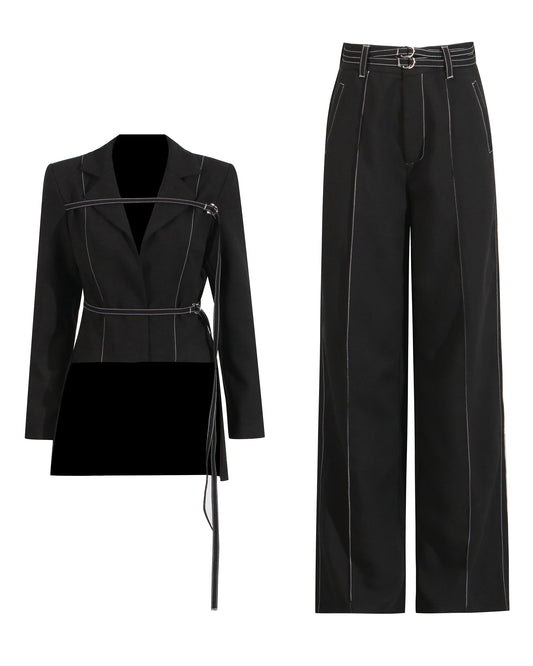 Black Contrast-Stitch Buckle Two-Piece Set