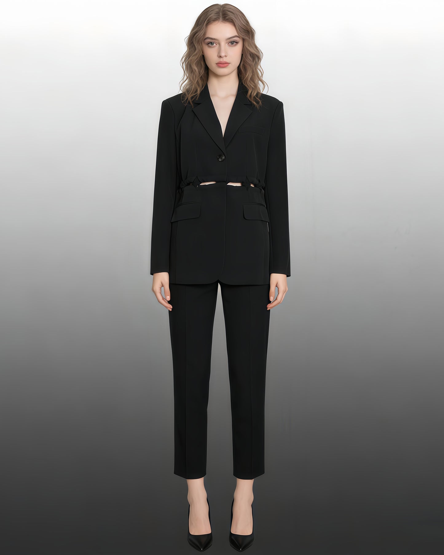 Black Cropped Blazer with Ruched Cutout Waist