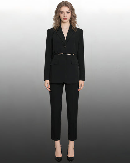 Black Cropped Blazer with Ruched Cutout Waist