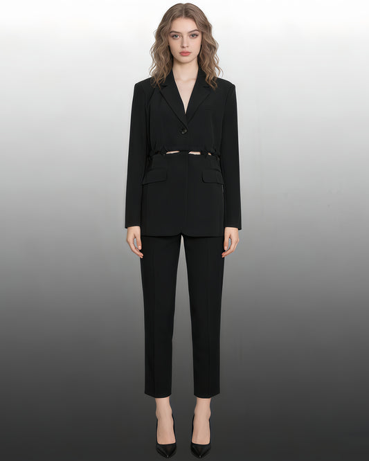 Black Cropped Blazer with Ruched Cutout Waist
