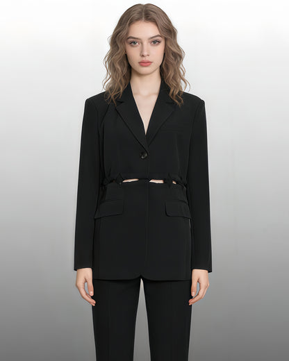Black Cropped Blazer with Ruched Cutout Waist