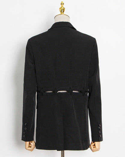 Black Cropped Blazer with Ruched Cutout Waist