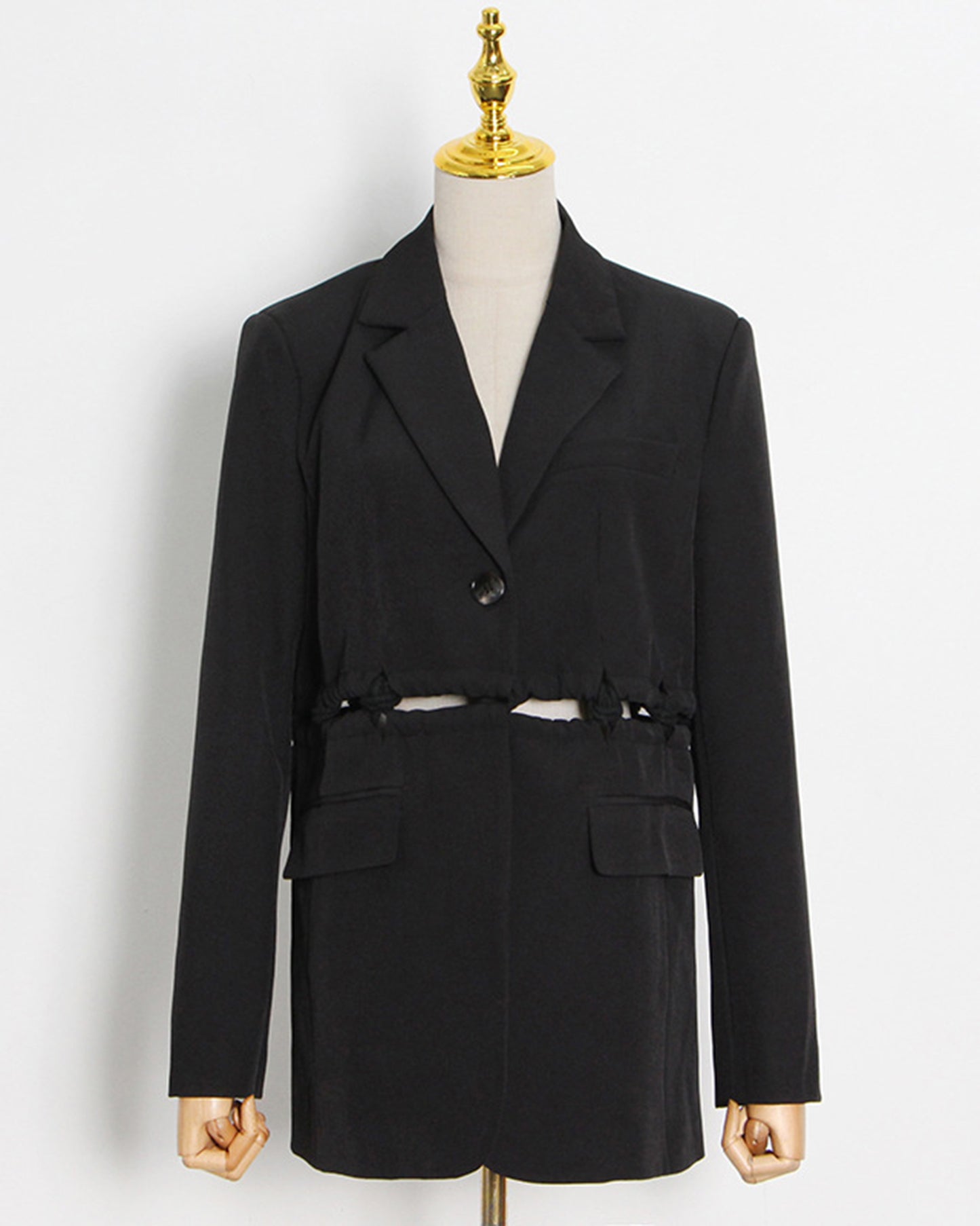 Black Cropped Blazer with Ruched Cutout Waist