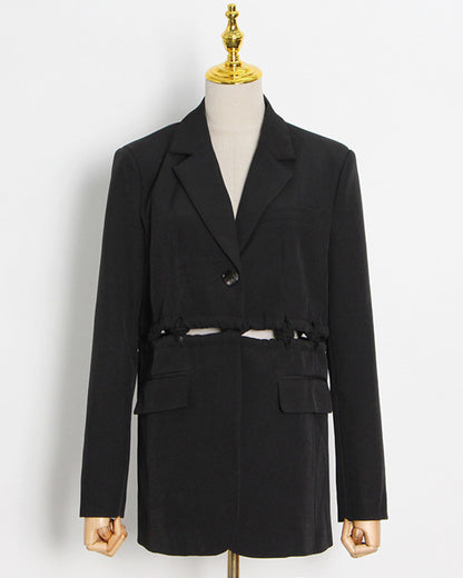 Black Cropped Blazer with Ruched Cutout Waist