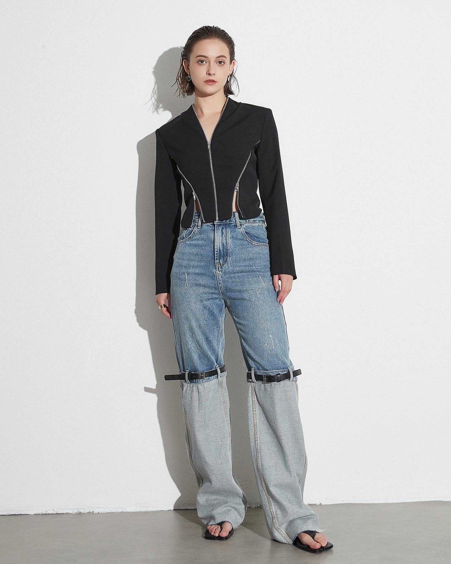 Black Cropped Jacket with Multi-Zipper