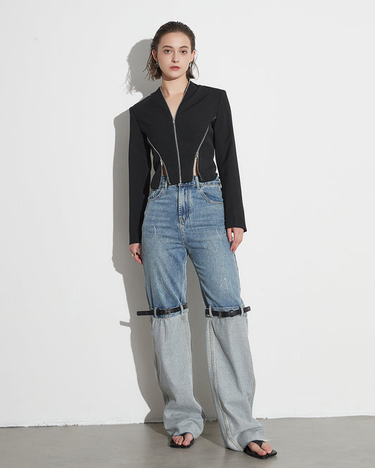 Black Cropped Jacket with Multi-Zipper