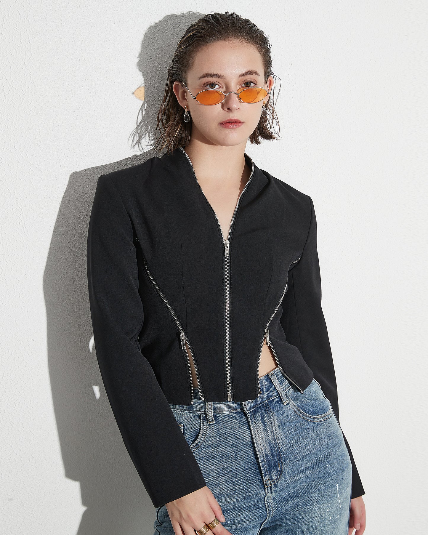 Black Cropped Jacket with Multi-Zipper