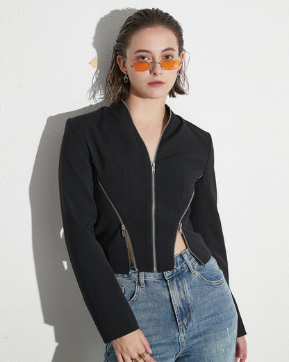 Black Cropped Jacket with Multi-Zipper