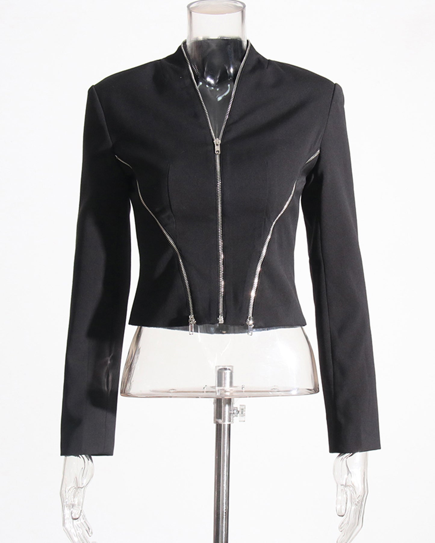 Black Cropped Jacket with Multi-Zipper