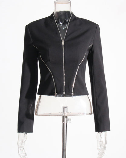 Black Cropped Jacket with Multi-Zipper