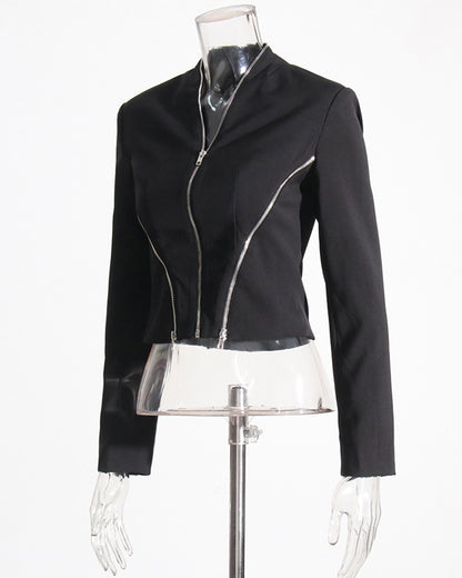Black Cropped Jacket with Multi-Zipper