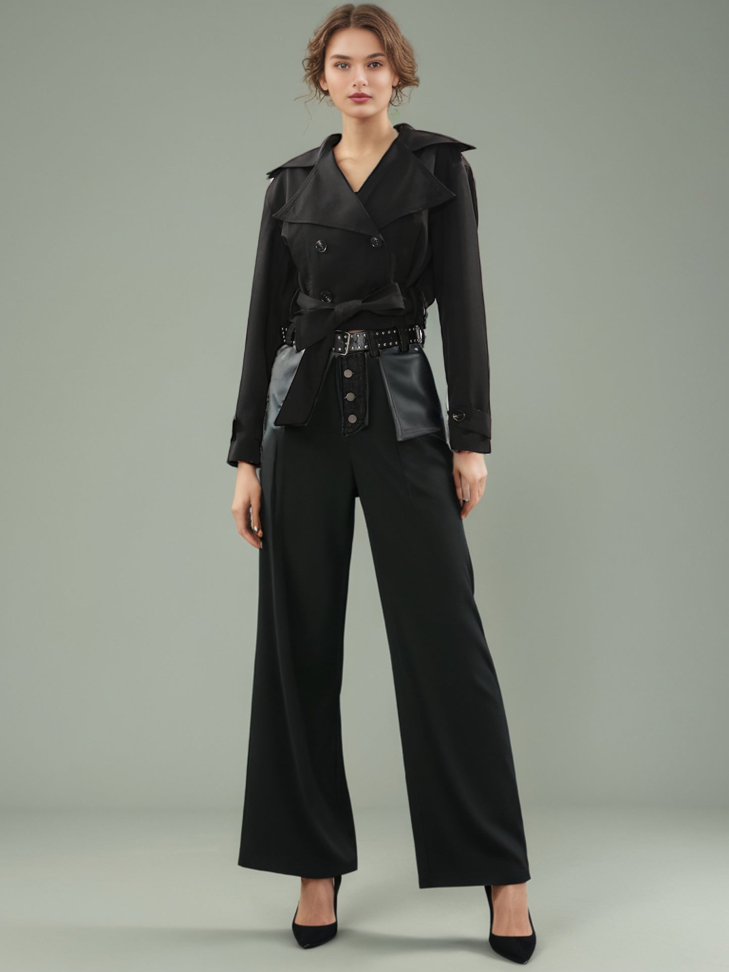 Black Cropped Trench Coat with Belted Waist